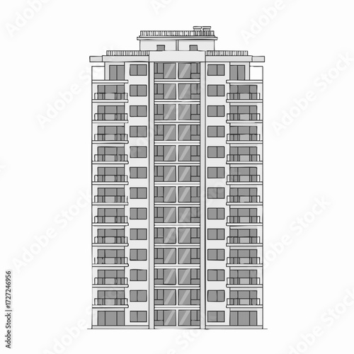 Hand-drawn architectural illustration of a modern multi-story residential building facade with many balconies