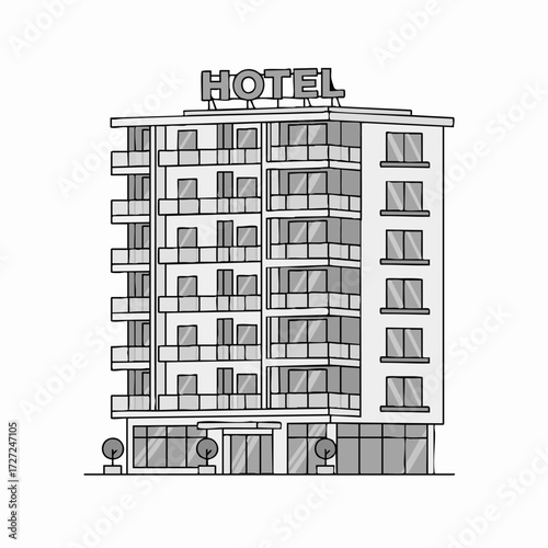 Monochrome line art illustration of a modern hotel building with a rooftop sign. Vector sketch for travel and accommodation concepts