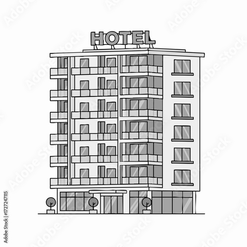 Illustrative depiction of a modern hotel building with balconies and the sign 'HOTEL' on the roof