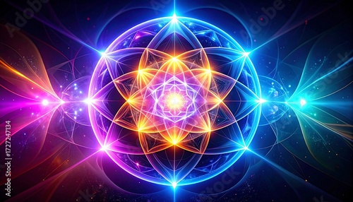 Vibrant, glowing, geometric symbol in a cosmic backdrop