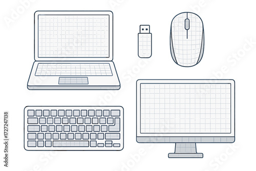 Collection of essential modern computer peripherals including a laptop, desktop monitor, keyboard, wireless mouse, and USB flash drive