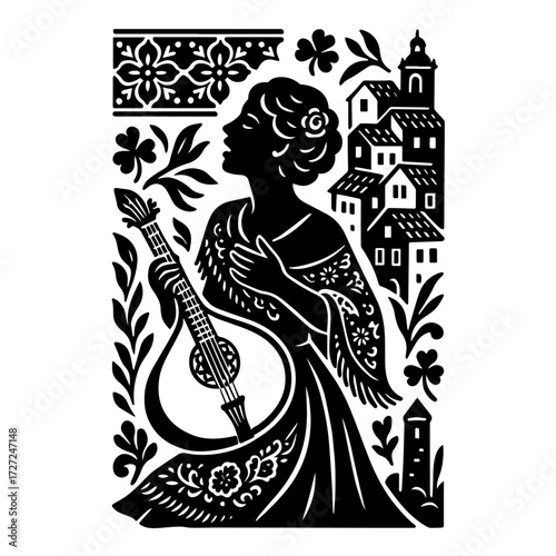 Mediterranean Folk Guitarist — Black & White Woodcut Village Scene (Vector)