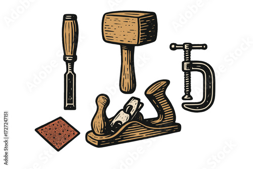 Assortment of classic woodworking hand tools including chisel, mallet, hand plane, G-clamp, and sandpaper for carpentry projects