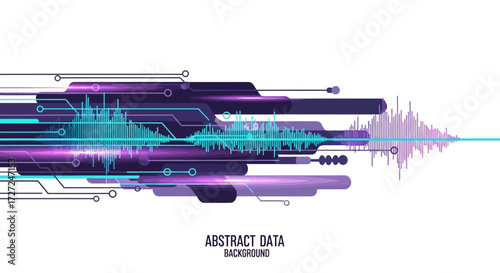 Abstract digital data stream visualization representing information flow with sound waves and futuristic circuit elements