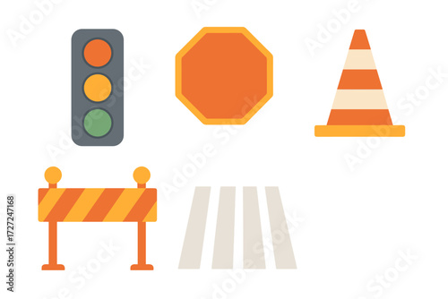 Collection of essential road safety and traffic control elements: traffic light, stop sign, traffic cone, road barrier, and pedestrian crosswalk