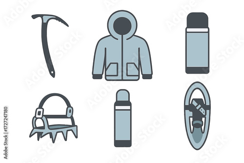 Essential winter mountain climbing equipment set featuring ice axe, jacket, thermos, crampons, and snowshoe