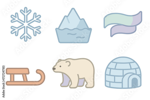 Winter and arctic elements including snowflake, iceberg, aurora borealis, sled, polar bear, and igloo