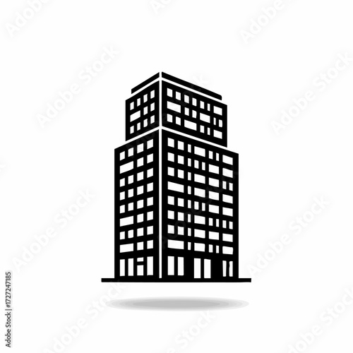 Black and White Illustration of a Modern Skyscraper with Shadow Against a White Background