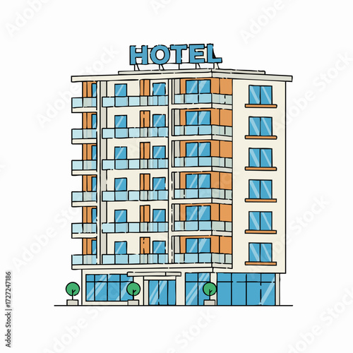 Modern Hotel Building with Balconies and Large Windows, Illustration