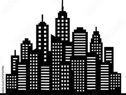 Stylized black silhouette of a dense urban cityscape featuring numerous tall skyscrapers and modern architectural structures