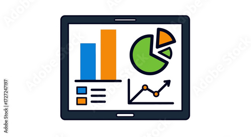Digital tablet showcasing dynamic business intelligence visualizations with analytical charts, graphs, and reports for data-driven strategic insights and decision-making