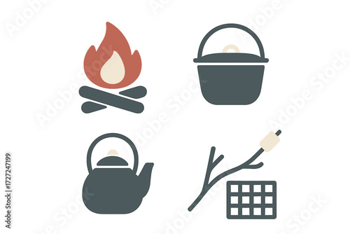 Camping and outdoor cooking essentials with campfire, cooking pot, kettle, and marshmallow on a stick