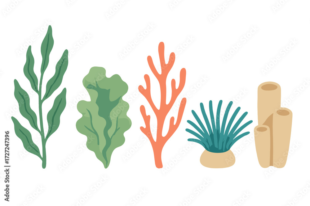 Fototapeta premium Diverse collection of colorful underwater plants, seaweeds, and coral reef elements isolated on a clean white background