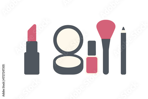 Assortment of beauty products and makeup accessories including lipstick compact powder brush nail polish and eyeliner