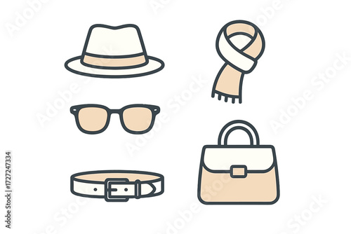 Collection of stylish fashion accessories including a fedora hat, classic sunglasses, a warm scarf, a leather belt, and an elegant handbag