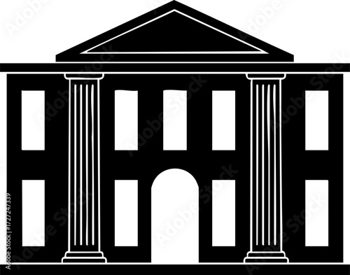 Black and white illustration of a grand building with columns, representing architecture and government