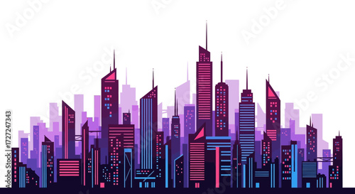 Vibrant city skyline illustration with modern skyscrapers in a dynamic, colorful gradient palette, capturing the essence of a bustling urban landscape