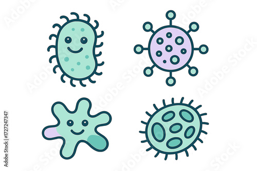Collection of adorable cartoon microorganisms including bacteria, virus, and amoeba with happy expressions