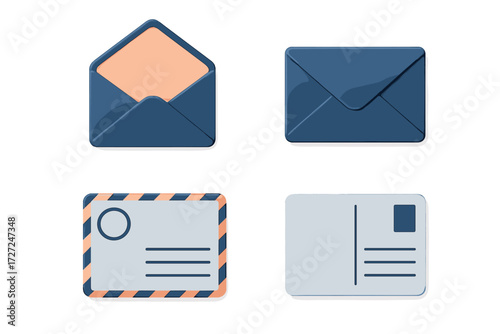 Set of mail and communication icons featuring open and closed envelopes with postcards for digital messaging and correspondence