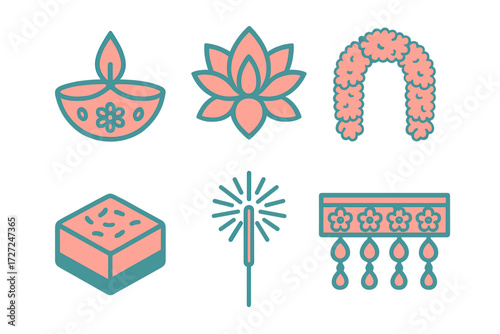 Traditional Indian festival elements for Diwali celebration including diya lamp, lotus flower, sweet, and sparkler