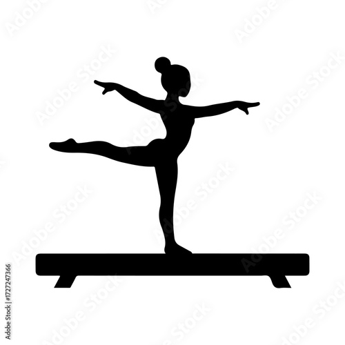Minimalist Black Silhouette of Gymnast on Balance Beam Flat Vector Design
