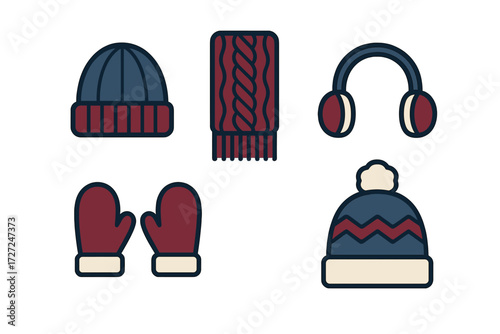 Various cozy winter season accessories like beanies, knitted scarf, warm mittens, and earmuffs