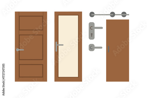 Collection of modern wooden doors with various handles, lock mechanisms, and sliding door rail for interior and exterior design
