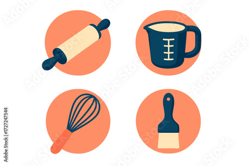 Collection of essential baking tools including rolling pin, measuring cup, whisk, and pastry brush