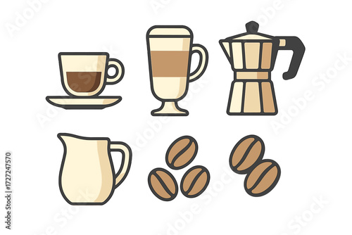 Assortment of coffee cups, latte glass, moka pot, milk pitcher, and roasted coffee beans for brewing hot beverages