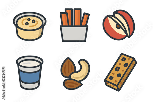 Diverse selection of popular snack foods including fresh apple, mixed nuts, creamy yogurt, savory dip, crispy fries, and a wholesome granola bar