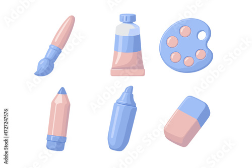 Essential art supplies and school tools for creative projects including brush, paint, palette, pencil, marker, eraser