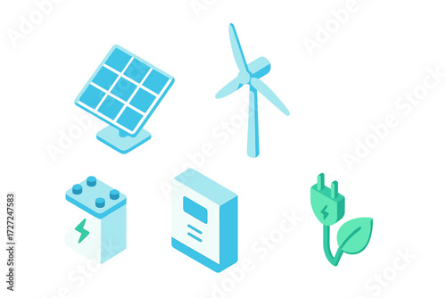 Renewable energy sources and sustainable power generation with solar panel, wind turbine, and battery