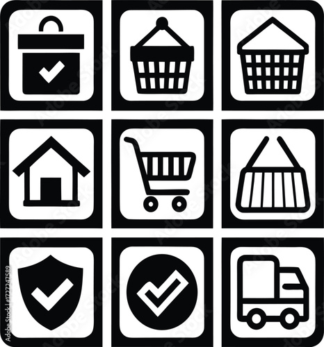Modern e-commerce icons collection for online shopping and business needs featuring cart bag home truck shield and checks graphics
