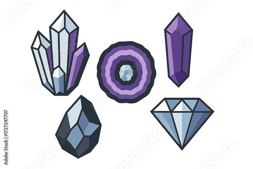 Stylized collection of various crystals and gemstones featuring amethyst, quartz, and diamond shapes with bold outlines and flat colors
