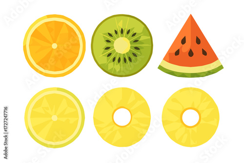 Vibrant geometric fruit slices and wedges featuring orange, kiwi, lemon, pineapple, and watermelon on a clean white background