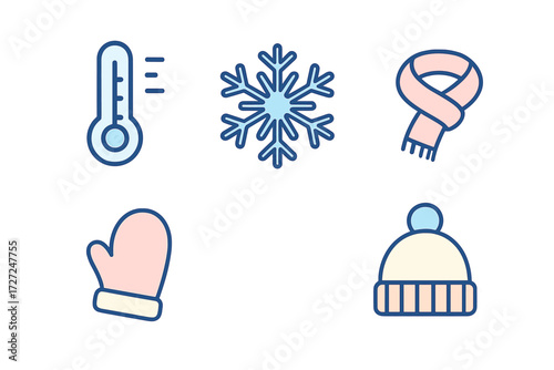 Collection of winter weather and clothing icons including thermometer, snowflake, scarf, mitten, and hat