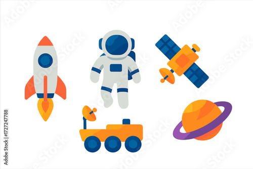 Astronaut, rocket, planet, satellite, and space rover depicting cosmic exploration and discovery