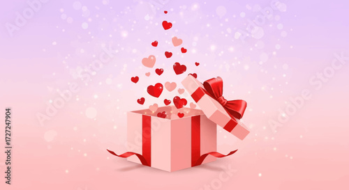 Gift box with red ribbon open, releasing floating hearts against a pink and purple bokeh background.