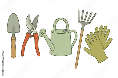 Collection of essential gardening tools including a shovel, pruning shears, watering can, garden rake, and protective gloves