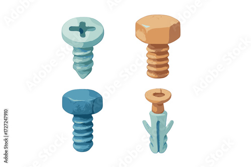 Assortment of metal fasteners including screws, bolts, and wall anchors for construction and DIY projects