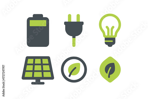Green energy and sustainability icons set featuring battery, plug, light bulb, solar panel, and leaves symbols