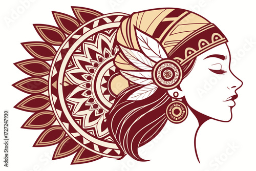 detailed ornate goddess face, intricate ethnic indigenous symmetrical patterns, mandala design, deep colors, high detail, digital art
