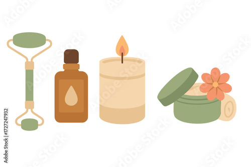 Collection of self-care beauty routine items including a jade roller, essential oil bottle, lit candle, and face cream jar