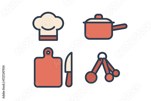 Essential kitchen cooking utensils collection with chef hat, saucepan, cutting board, knife, and measuring spoons