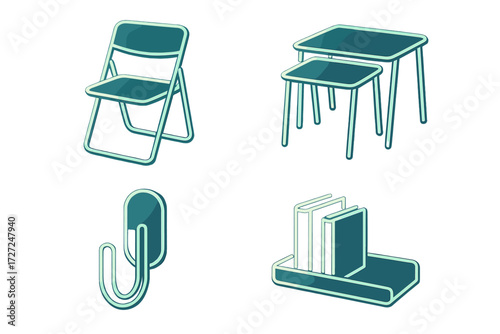 Collection of household items including a folding chair, two tables, a wall hook, and a book stand with books