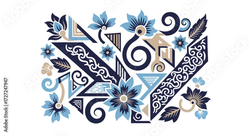 Abstract floral design with geometric shapes and intricate patterns.