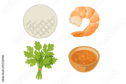 Fresh spring roll ingredients including rice paper, cooked shrimp, fresh parsley, and a savory dipping sauce