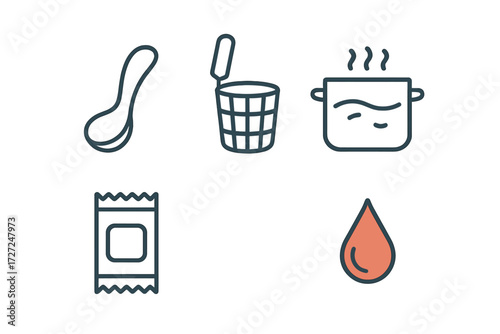 Essential kitchen utensils, cooking pot, food packaging, and liquid drop symbols for culinary and food preparation design