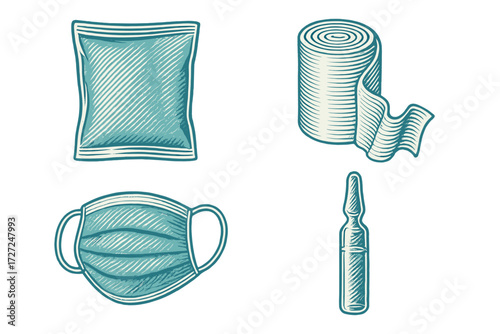 Essential medical supplies set including protective face mask, rolled bandage, sterile packet, and glass ampoule for healthcare