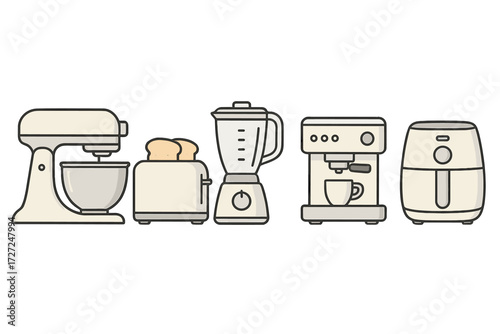 Essential modern kitchen appliances set featuring mixer, toaster, blender, coffee maker, and air fryer for home cooking